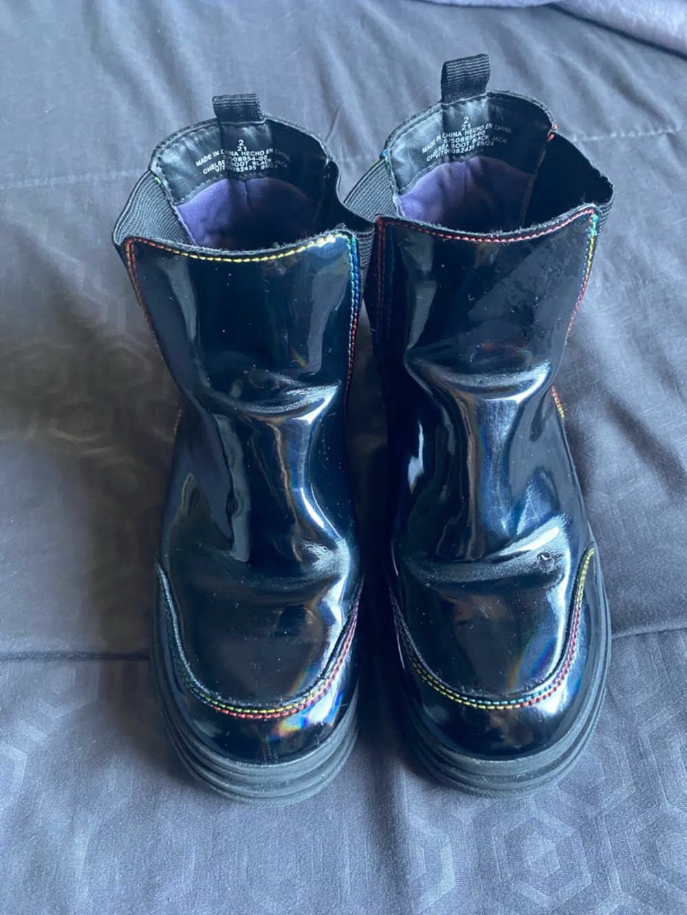 Kids Black Patent Chelsea Boots with Rainbow Stitching